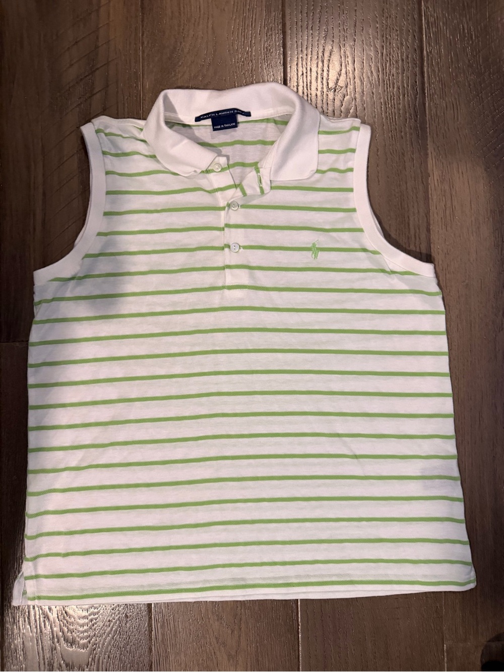 Ralph Lauren White Sleeveless Polo with Light Green Stripes